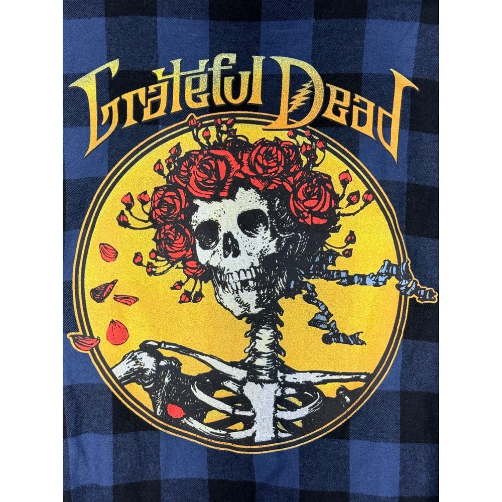Grateful Dead Blue Buffalo Plaid Flannel Shirt Bertha Skull Roses Small NEW